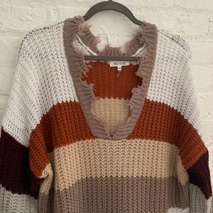 Oversized Striped Distressed Knit Sweater